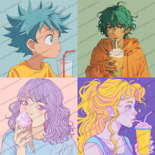 Colorful Anime Style Drink Portraits AI MidJourney Image Prompt, 8452Ai, Ai Image Prompt, Anime, art, artistic, bold colors, captivating, characters, colorful, creative, detailed shading, drinks, dynamic, expressive, illustration, Image Prompt, lively, midjourney, modern, pop culture, portrait, Prompt, unique design, vibrant, youthful