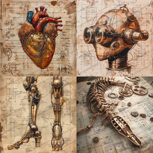 Steampunk Biomechanical Designs AI MidJourney Image Prompt, 8458Ai, Ai Image Prompt, anatomy, art, biomechanical, blueprint, design, drawing, engineering, Futuristic, gears, goggles, heart, Image Prompt, intricate, mechanical, midjourney, Prompt, prosthetic, robot, sci-fi, skeleton, steampunk, technology, vintage