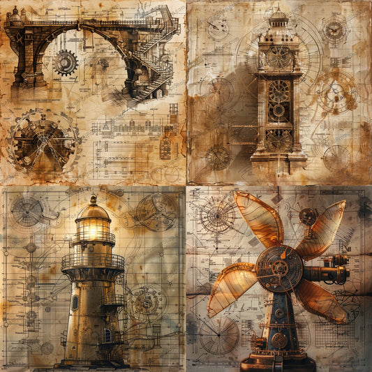 Steampunk Architectural Blueprint Art AI MidJourney Image Prompt, 8459