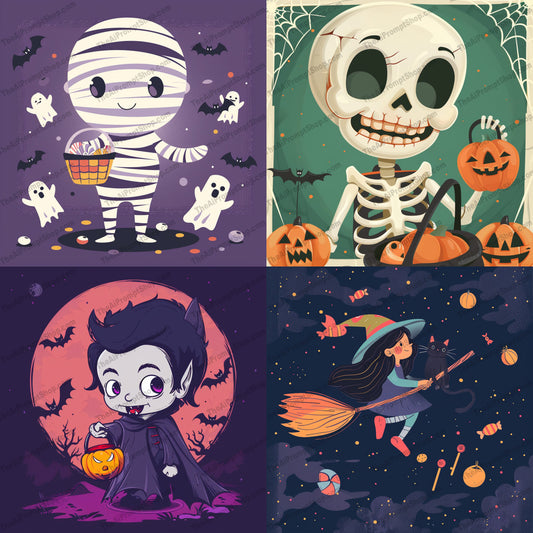 Cute Halloween Characters AI MidJourney Image Prompt, 8464adorable, Ai, Ai Image Prompt, bats, cartoon, children, colorful, cute, festive, ghosts, Halloween, holiday, Holidays, illustration, Image Prompt, midjourney, mummy, playful, Prompt, pumpkins, skeleton, spooky, trick-or-treat, vampire, whimsical, witch