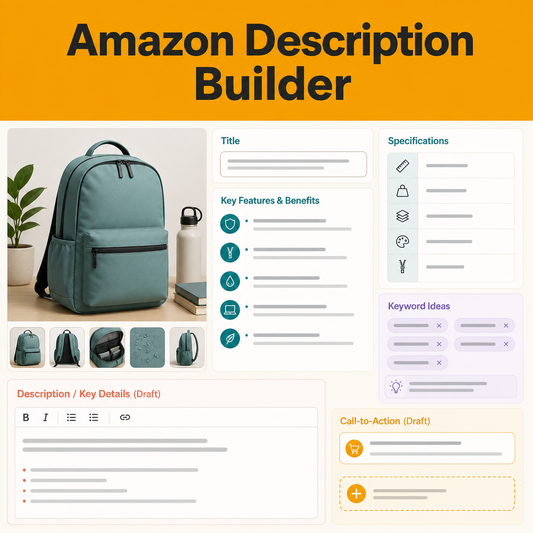 Illustrative ecommerce listing workspace showing a product image, title, feature benefits, specifications, keyword ideas, description draft, and call to action.
