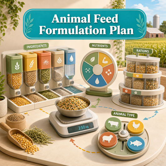 Bright Animal Feed Formulation Plan cover showing ingredient hoppers, a nutrient wheel, ration containers, a feed scale, and animal-type markers.