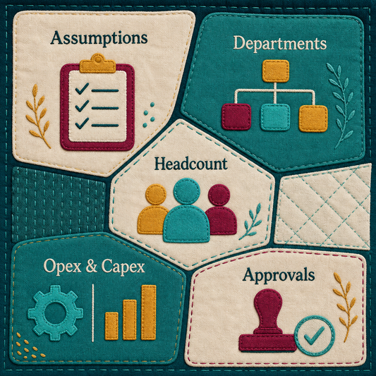 Illustrative overview of budget assumptions, departments, headcount, operating and capital plans, and approvals.