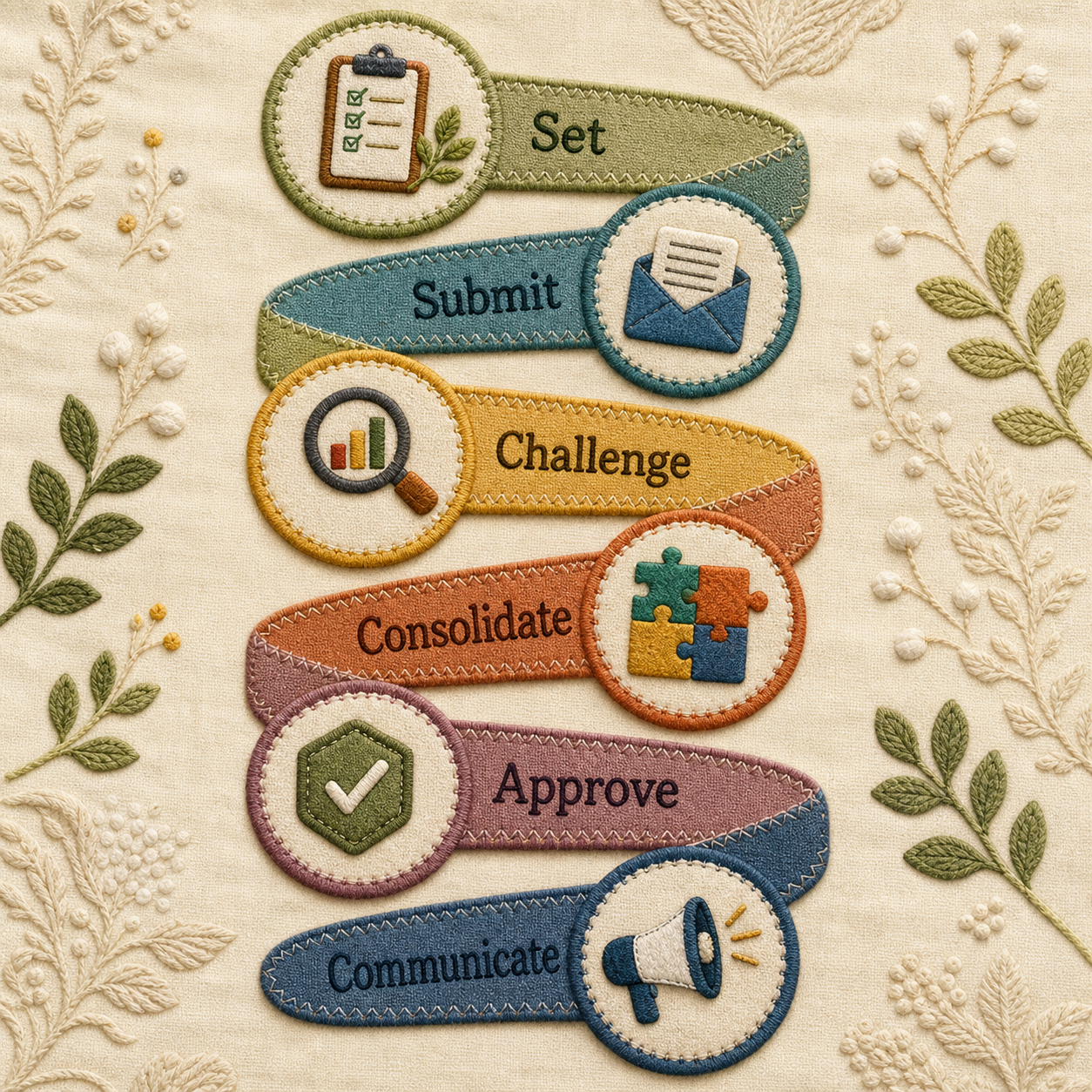 Annual budget workflow moving through setup, submissions, challenge, consolidation, approval, and communication.