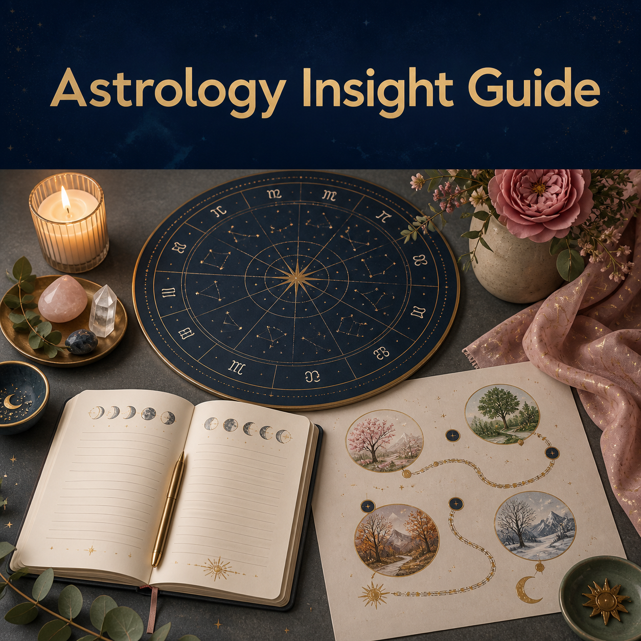 Grounded astrology reflection scene with an abstract star chart, moon phases, journaling pages, and a year-ahead seasonal path.