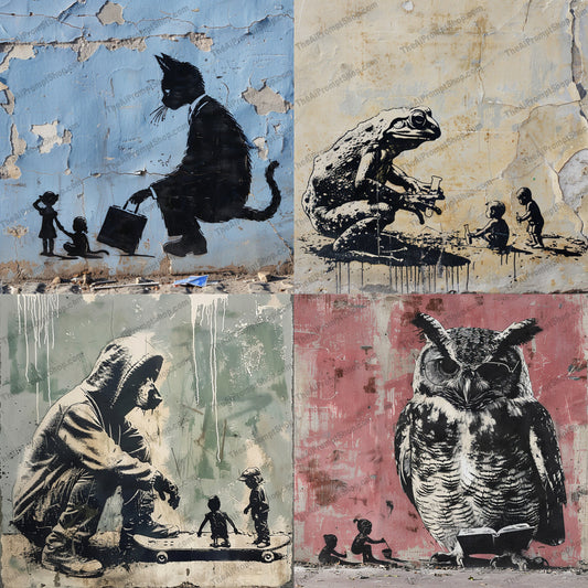 Anthropomorphic Animals Teaching Lessons AI MidJourney Image Prompt, 9585 Character Art, midjourney, street art, anthropomorphic animals, cat art, frog art, monkey art, owl art, teaching animals, whimsical art, social commentary art, urban murals, animal and human interaction, thought-provoking art, wall art, street murals, public art, urban creativity, animals in clothing, creative street expressions, childhood lessons, engaging art, Midjourney, Ai, Ai Image Prompt, Image Prompt, Prompt