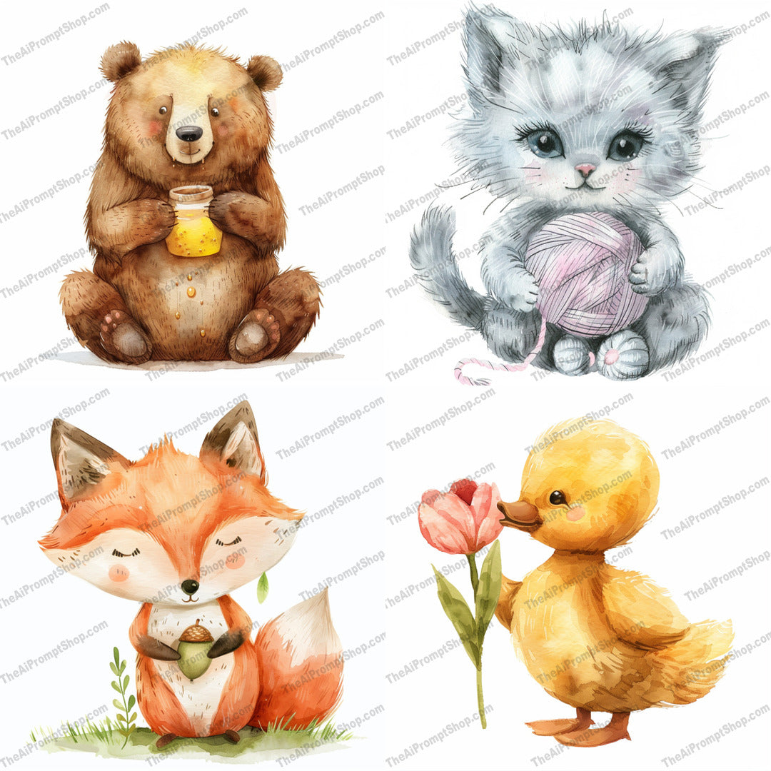 Adorable Woodland Animals AI MidJourney Image Prompt, 9600 Animals, midjourney, woodland animals, cute bear, kitten with yarn, fox with acorn, duckling with flower, watercolor art, children's decor, storybook illustration, adorable animals, animal characters, whimsical art, heartwarming, soft colors, nursery art, animal buddies, forest friends, lovely creatures, innocent charm, playful animals, artistic watercolor, Midjourney, Ai, Ai Image Prompt, Image Prompt, Prompt