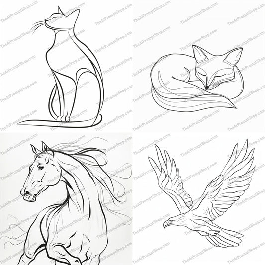 Elegant Animal Line Art AI MidJourney Image Prompt, 8811 Animals, midjourney, line art, minimalistic art, animal illustrations, elegant line art, cat art, fox art, horse art, eagle art, clean lines, graceful curves, animal lovers, art enthusiasts, decorative art, simple illustrations, animal drawings, detailed line art, art collection, modern art, black and white art, nature inspired art, Midjourney, Ai, Ai Image Prompt, Image Prompt, Prompt