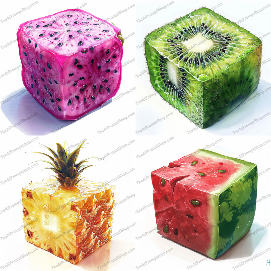 Cube-shaped Fruits AI MidJourney Image Prompt, 9103 Food, midjourney, cube fruits, digital painting, realistic fruits, cube-shaped, artistic fruits, vibrant textures, luscious fruits, fruit art, digital realism, intricate details, square fruits, modern art, food illustration, fruit patterns, unique fruit shapes, fruits, food art, hyper-realism, cube design, geometric fruits, Midjourney, Ai, Ai Image Prompt, Image Prompt, Prompt