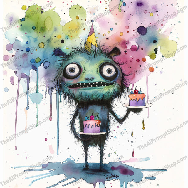 Whimsical Monster AI MidJourney Image Prompt, 9065 Animation & Cartoons, midjourney, whimsical, monster, creature, illustration, cute, quirky, playful, wide eyes, colorful splatters, watercolor, fantasy, cartoonish, funny, comic, adorable, kawaii, art, design, unique, expression, Midjourney, Ai, Ai Image Prompt, Image Prompt, Prompt