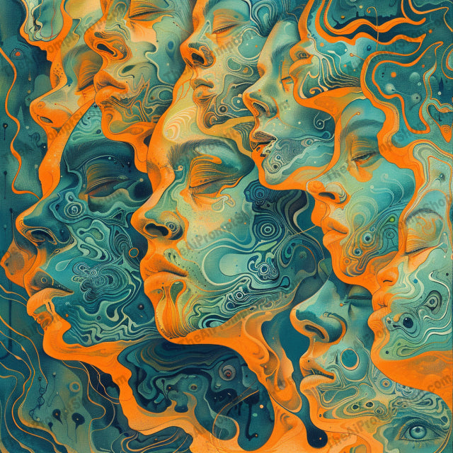 Swirled Faces AI MidJourney Image Prompt, 9035 Portraits & People, midjourney, surreal, abstract, swirling, patterns, faces, vibrant, green, blue, orange, pink, dynamic, otherworldly, artistic, creative, unique, psychedelic, trippy, modern, design, stylized, Midjourney, Ai, Ai Image Prompt, Image Prompt, Prompt