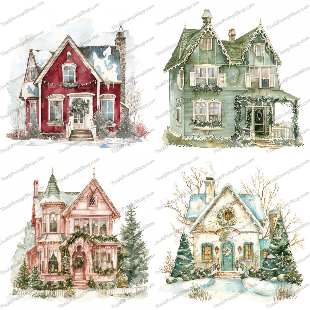 Charming Vintage Houses in Winter AI MidJourney Image Prompt, 9180 Holidays, midjourney, vintage houses, winter homes, holiday decorations, festive houses, architectural charm, cozy homes, winter wonderland, seasonal decor, snowy landscape, village scene, historical houses, christmas houses, picturesque homes, winter holiday, quaint houses, charming cottages, holiday season, nostalgic homes, vintage charm, winter scene, Midjourney, Ai, Ai Image Prompt, Image Prompt, Prompt