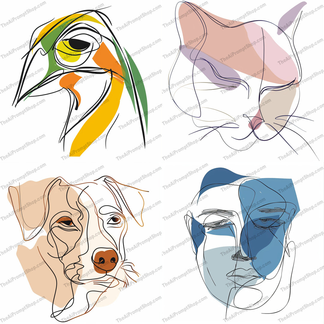 Minimalist Line Art AI MidJourney Image Prompt, 9611 — A minimalist line art style featuring continuous lines with vibrant color blocks — cover image