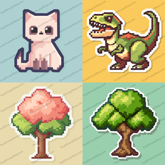 Retro Pixel Art Sticker AI MidJourney Image Prompt, 9518 Stickers, midjourney, retro, pixel art, sticker, nostalgic, video game, pixelated, cute, colorful, vintage, 2D, digital art, graphic design, iconic, fun, collectible, character, decorative, retro game, gaming, old school, Midjourney, Ai, Ai Image Prompt, Image Prompt, Prompt