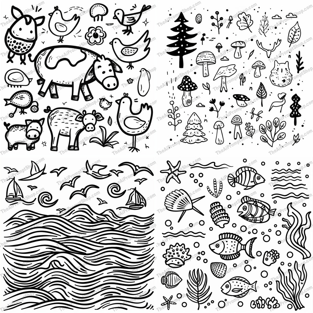 Cute Doodles of Animals and Nature AI MidJourney Image Prompt, 8967 Animals, midjourney, doodles, animals, nature, black and white, whimsical, creative, illustration, playful, birds, fish, trees, leaves, mushrooms, waves, sea life, forest, farm animals, hand-drawn, fun, art, Midjourney, Ai, Ai Image Prompt, Image Prompt, Prompt