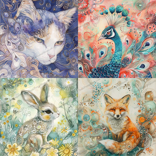 Whimsical Animal Art AI MidJourney Image Prompt, 9547 Animals, midjourney, whimsical, animal art, cat, peacock, rabbit, fox, intricate patterns, vibrant colors, magical, dreamy, artwork, detailed, ethereal, fantasy, nature, wildlife, decorative, beautiful, colorful, artistic, Midjourney, Ai, Ai Image Prompt, Image Prompt, Prompt