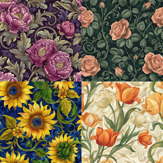 Vintage Floral Patterns AI MidJourney Image Prompt, 8818 Animals, midjourney, vintage, floral, pattern, roses, peonies, sunflowers, tulips, detailed, illustrations, classic, elegant, timeless, decorative, design, style, flowers, botanical, nature, ornamental, art, Midjourney, Ai, Ai Image Prompt, Image Prompt, Prompt