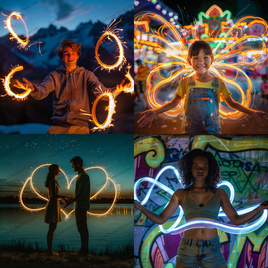 Light Paintings of People AI MidJourney Image Prompt, 9509 Portraits & People, midjourney, light paintings, people, creative art, vibrant colors, long exposure, night photography, light streaks, colorful patterns, magical effects, creative portraits, LED lights, glowing art, artistic photography, dynamic light art, sparkling designs, light swirls, luminescent art, captivating visuals, innovative photography, neon effects, Midjourney, Ai, Ai Image Prompt, Image Prompt, Prompt