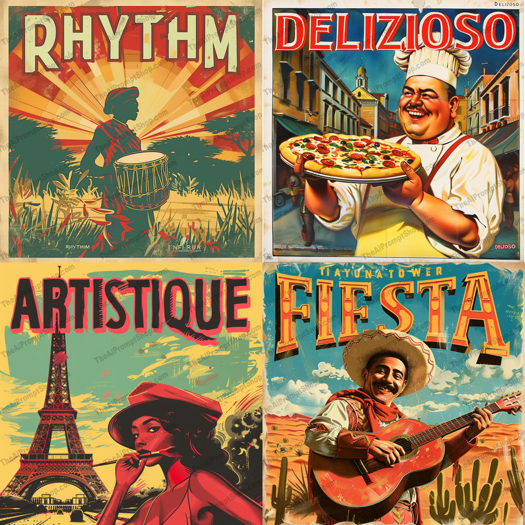 Cultural Vibes AI MidJourney Image Prompt, 9133 Animation & Cartoons, midjourney, cultural, illustration, vibrant, drummer, pizza, chef, perfume, model, guitar, player, stylized, colorful, dynamic, energetic, diverse, themes, artistic, poster, food, music, Midjourney, Ai, Ai Image Prompt, Image Prompt, Prompt