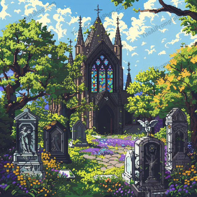 Pixel Art Cemetery Scene AI MidJourney Image Prompt, 8932 Animation & Cartoons, midjourney, pixel art, cemetery, haunting, serene, ancient gravestones, lush greenery, old architecture, mysterious, ethereal, tranquil, flowers, nature, night scene, gothic, fantasy, vintage, abandoned, moody, spooky, graveyard, Midjourney, Ai, Ai Image Prompt, Image Prompt, Prompt