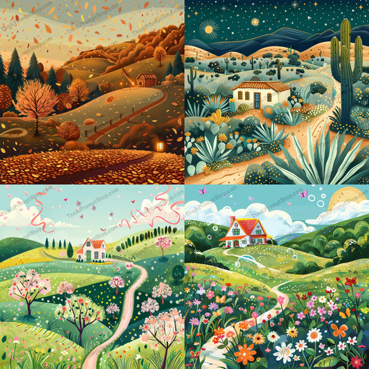 Seasonal Landscape Illustrations AI MidJourney Image Prompt, 9475 Landscapes & Paintings, midjourney, seasonal landscape, whimsical art, painterly style, rolling hills, charming houses, nature illustration, fantasy landscape, picturesque, weather conditions, foliage, countryside, outdoors, seasonal changes, rural scene, fantasy art, vibrant colors, artistic, scenic view, fantastical, serene beauty, Midjourney, Ai, Ai Image Prompt, Image Prompt, Prompt