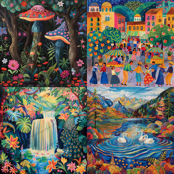 Colorful nature and folklore artwork in a storybook style created from an AI image prompt.