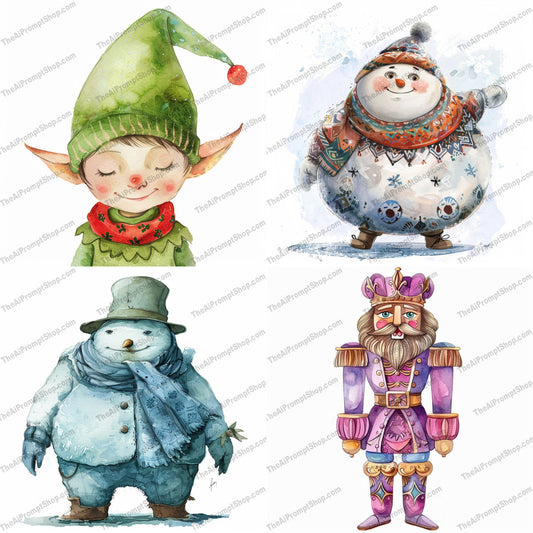 Whimsical Holiday Characters AI MidJourney Image Prompt, 8741 Animation & Cartoons, midjourney, whimsical, holiday, characters, watercolor, elf, snowman, nutcracker, festive, joyful, playful, illustration, art, cute, Christmas, winter, fun, cheerful, creative, decorative, seasonal, Midjourney, Ai, Ai Image Prompt, Image Prompt, Prompt