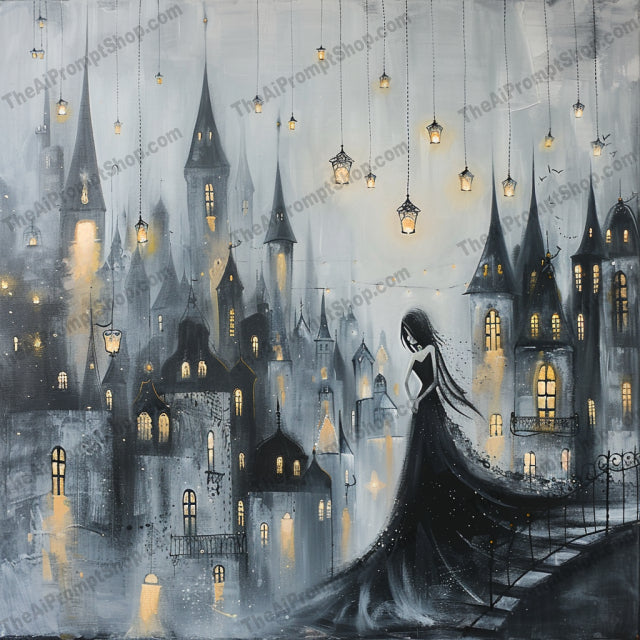 Mysterious Lantern-Lit City AI MidJourney Image Prompt, 8928 Animation & Cartoons, midjourney, mysterious, lanterns, cityscape, fantasy, dark, night, castle, silhouette, cloaked figure, floating lights, enchanting, mesmerizing, pathways, fantasy city, magical, nighttime, whimsical, dreamlike, gothic, moody, Midjourney, Ai, Ai Image Prompt, Image Prompt, Prompt