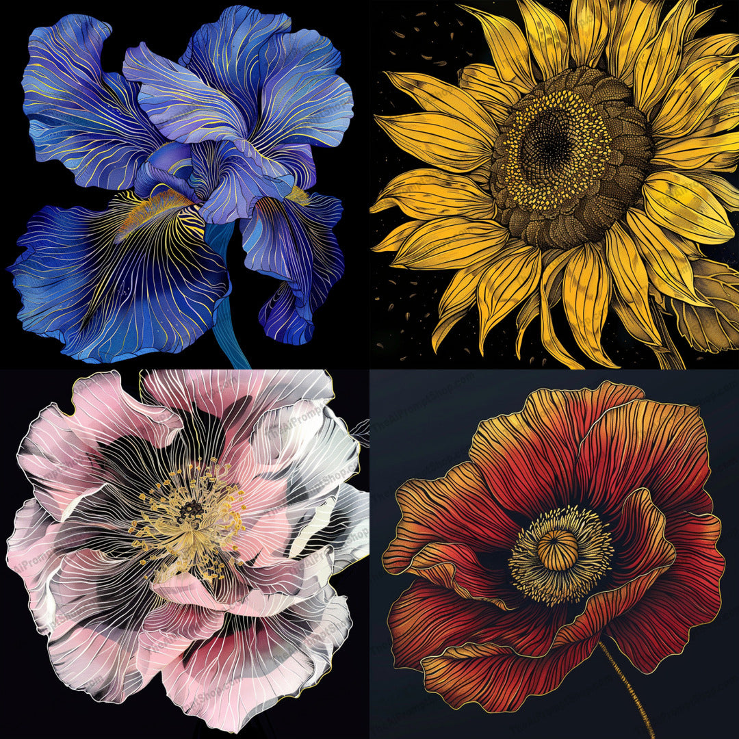 Floral Designs AI MidJourney Image Prompt, 8975 Florals, midjourney, flower, floral, art, design, linework, colorful, vibrant, detailed, nature, blossom, petals, botanical, illustration, garden, decor, elegant, bloom, beautiful, artistic, creative, Midjourney, Ai, Ai Image Prompt, Image Prompt, Prompt