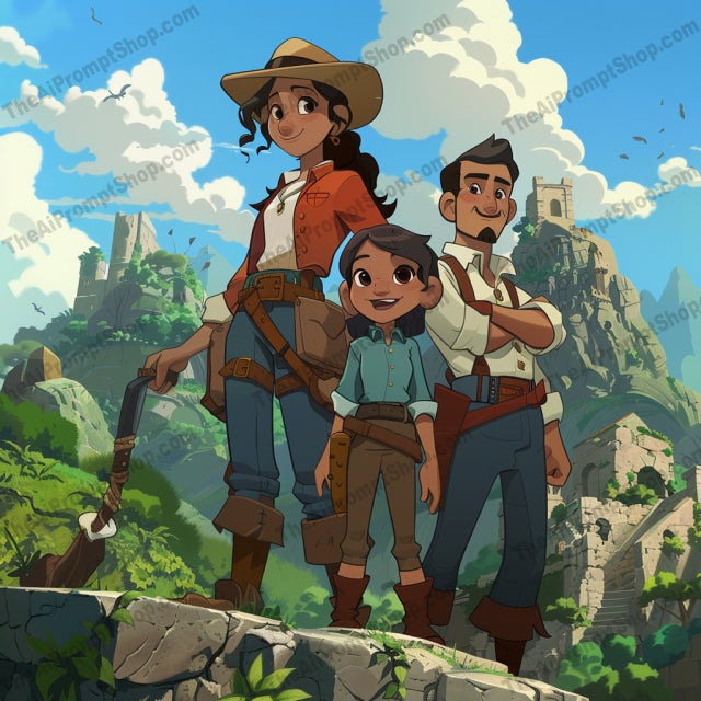 AI MidJourney Image Prompt, Cartoon Explorers, 51513D animation style, Adventurous theme, Ancient ruins background, Animated explorer characters, Animation, cartoon, Cartoon exploration, Character-focused artwork, Exploration and discovery, Family-friendly animation, Jungle exploration visuals, Lighthearted adventure, midjourney, Vibrant color palette, Youthful adventurers