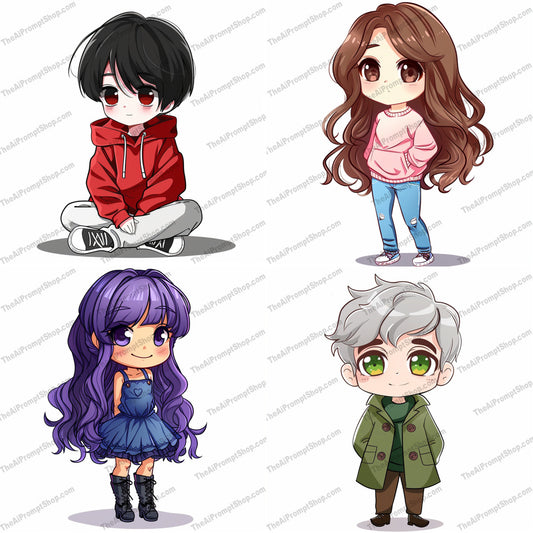 Chibi Characters AI MidJourney Image Prompt, 9005 Character Art, midjourney, chibi, cute, adorable, cartoon, characters, kawaii, fashion, style, illustration, anime, art, design, drawing, digital art, cute characters, outfits, expressions, kids, youthful, fun, Midjourney, Ai, Ai Image Prompt, Image Prompt, Prompt