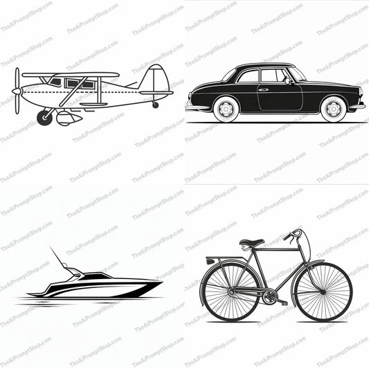 Linear Transportation Art AI MidJourney Image Prompt, 9139 Animation & Cartoons, midjourney, line art, black and white, transportation, airplane, classic car, speedboat, bicycle, minimalistic, clean lines, drawing, illustration, vehicle, motor transportation, nautical transportation, classic design, cycling, aviation art, automobile art, boating, vector art, Midjourney, Ai, Ai Image Prompt, Image Prompt, Prompt