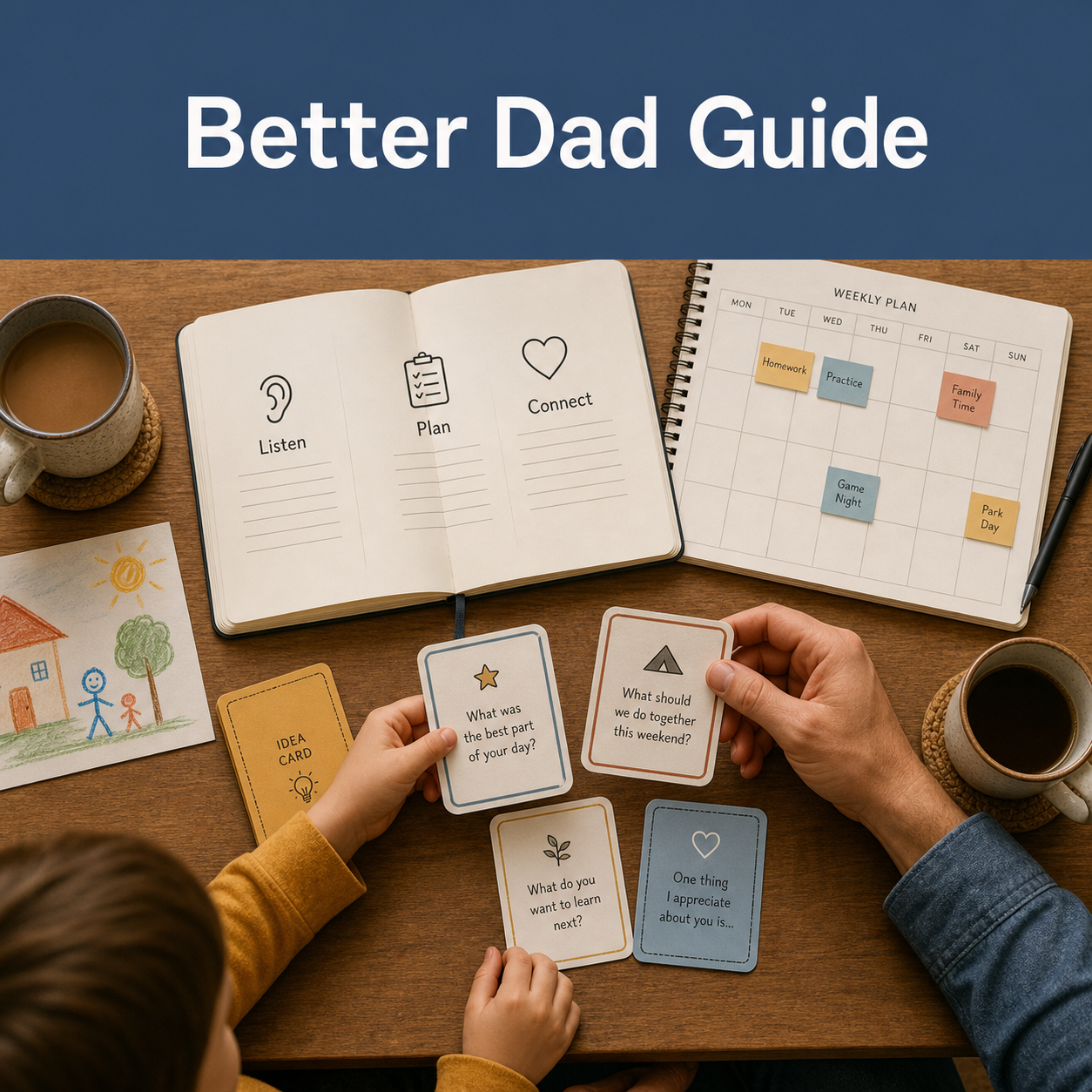Fatherhood planning and reflection guide for building communication, connection, family routines, and practical next steps.