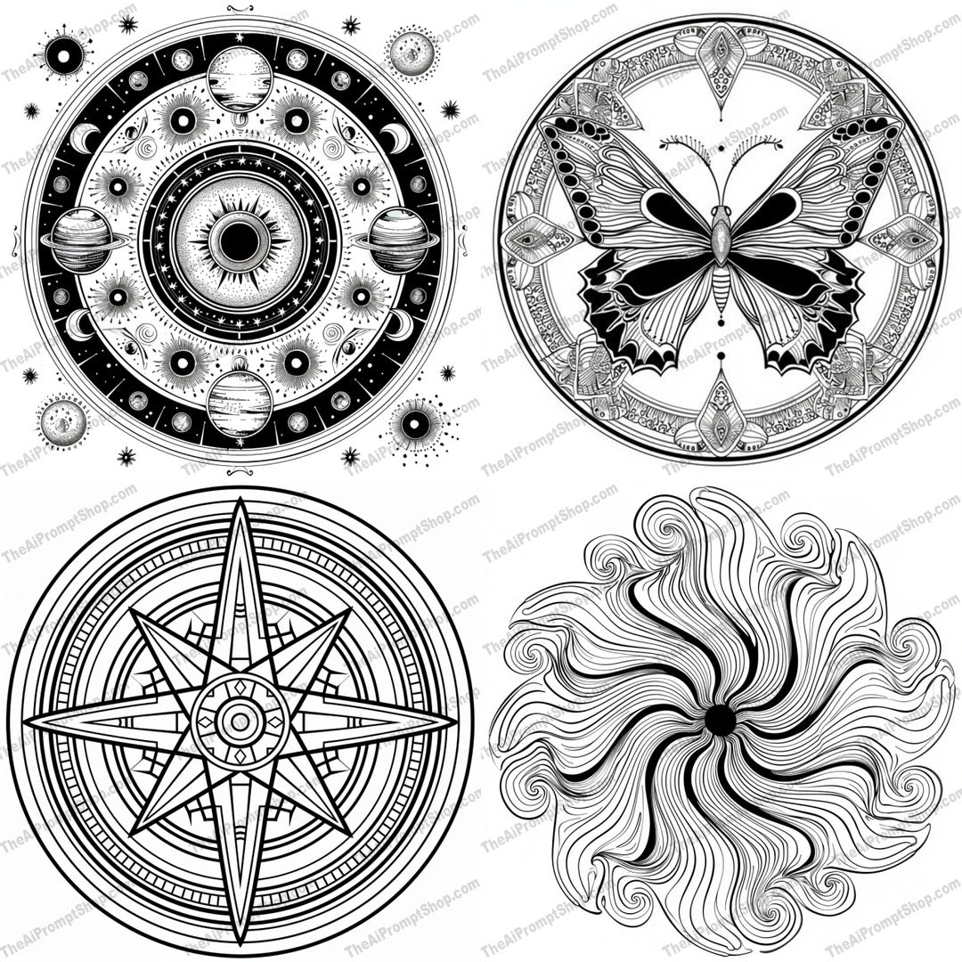 Intricate Mandala Art AI MidJourney Image Prompt, 8987 Coloring Pages, midjourney, mandala, art, black and white, intricate, detailed, geometric, celestial, organic, harmonious, line art, coloring, decorative, design, pattern, ornate, symmetrical, floral, nature, spiritual, meditative, Midjourney, Ai, Ai Image Prompt, Image Prompt, Prompt