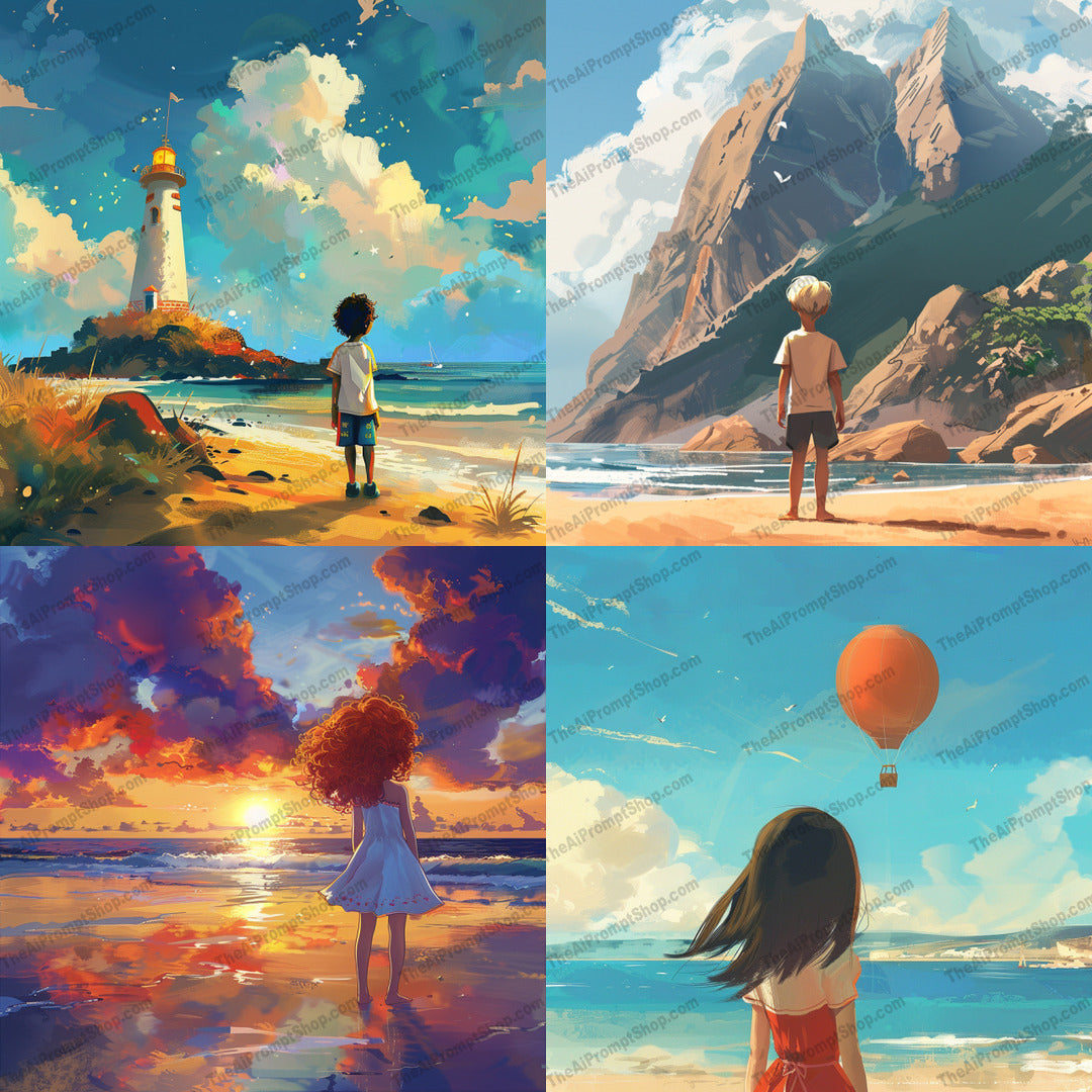 Children at the Beach AI MidJourney Image Prompt, 9614 — A vibrant, imaginative illustration showcasing children experiencing awe and wonder at the beach — cover image