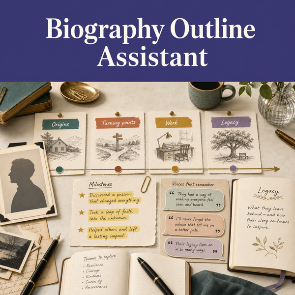 Illustrative biography-writing workspace showing life chapters, milestones, remembered voices, themes, and legacy.
