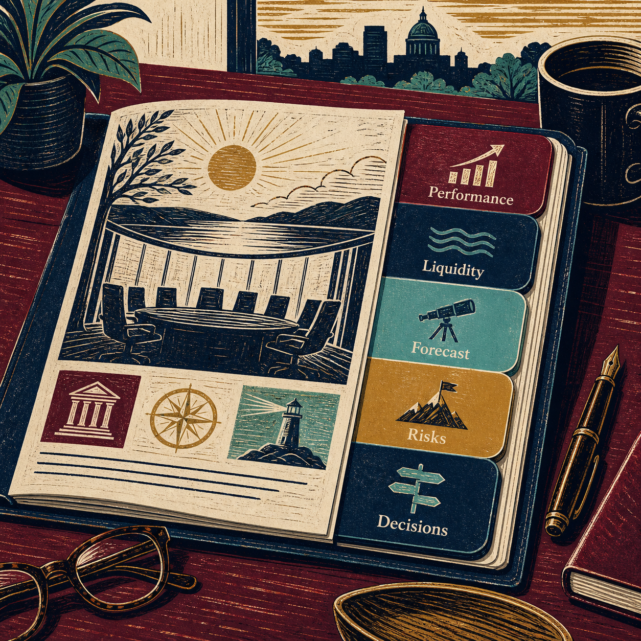 Illustrative board-finance pack covering performance, liquidity, forecast, risks, and decisions.