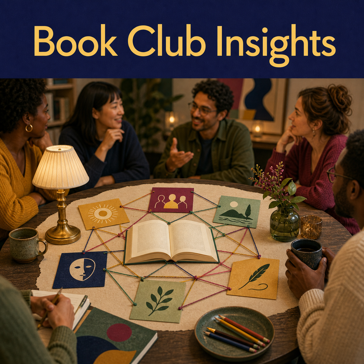 Book club discussion scene with an open novel, theme cards, character and setting symbols, and connected conversation threads.