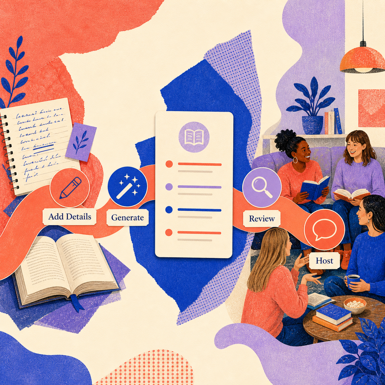 Book Club Meeting Plan Generator add details, generate, review, and host method