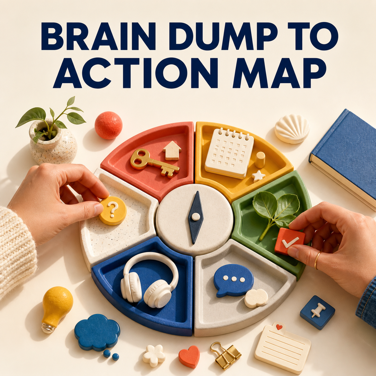 Brain Dump to Action Map cover showing scattered ideas sorted into clear next-action categories.