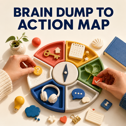 Brain Dump to Action Map cover showing scattered ideas sorted into clear next-action categories.