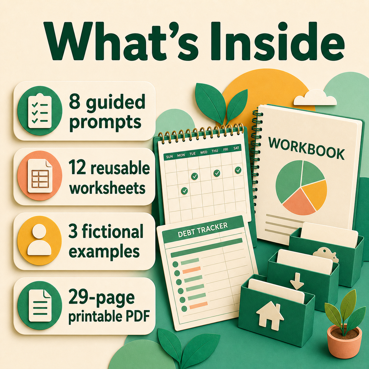 Budget, Debt Payoff & Sinking Funds System contents showing 8 guided prompts and 12 reusable worksheets