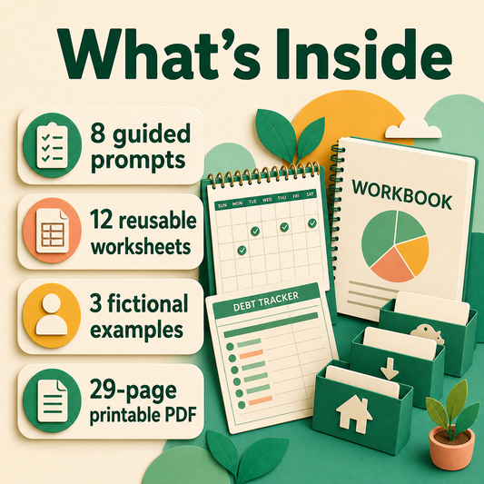 Budget, Debt Payoff & Sinking Funds System contents showing 8 guided prompts and 12 reusable worksheets