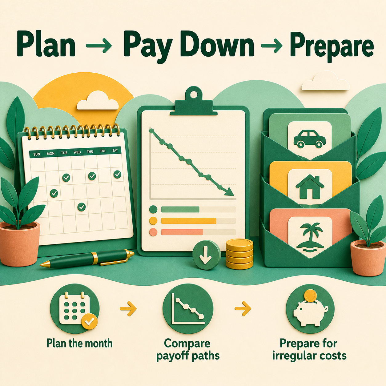 Budget, Debt Payoff & Sinking Funds System three-step workflow overview