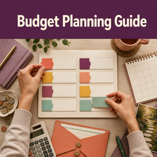 Budget planning workspace with category cards, a monthly calendar, calculator, savings envelope, and organizing hands.