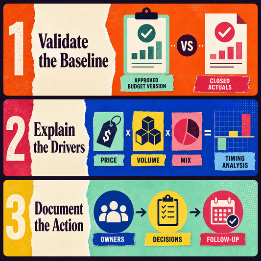 Three-step variance workflow for validating, explaining, and documenting action.