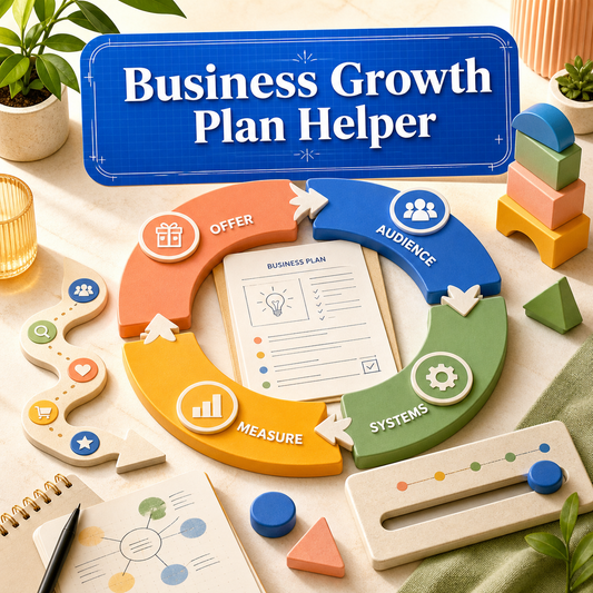 Bright Business Growth Plan Helper cover showing an Offer, Audience, Systems, and Measure flywheel around a business plan sheet, with building blocks and a flexible slider.