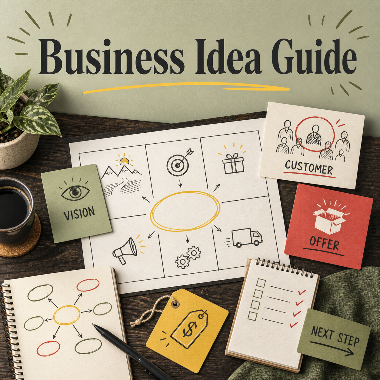 Business Idea Guide cover showing a business concept canvas for vision, customer, offer, pricing, and next steps.
