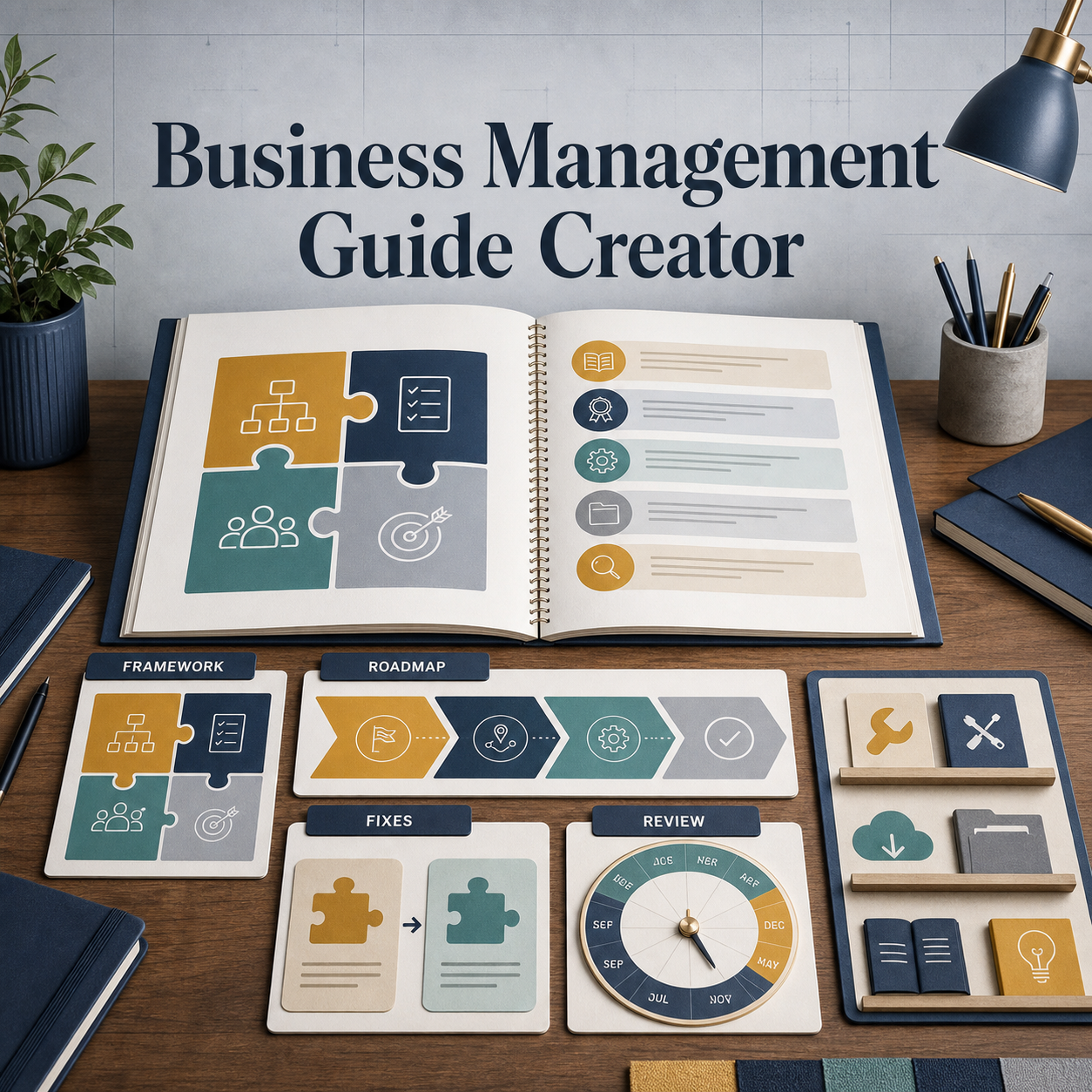 Business Management Guide Creator cover showing a practical framework, implementation roadmap, fixes, tools, and review cadence.