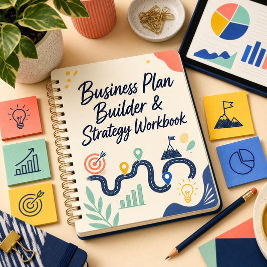 Business Plan Builder and Strategy Workbook cover with colourful business roadmap and planning notes